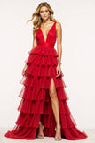 Rosso A-Line profondo scollo a V volant tulle lungo abito da ballo con fessura