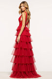 Rosso A-Line profondo scollo a V volant tulle lungo abito da ballo con fessura