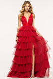 Rosso A-Line profondo scollo a V volant tulle lungo abito da ballo con fessura