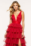 Rosso A-Line profondo scollo a V volant tulle lungo abito da ballo con fessura