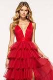 Rosso A-Line profondo scollo a V volant tulle lungo abito da ballo con fessura