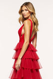 Rosso A-Line profondo scollo a V volant tulle lungo abito da ballo con fessura