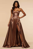 Marrone A-Line senza spalline corsetto senza spalline lungo Abito da Cerimonia con fessura