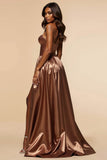 Marrone A-Line senza spalline corsetto senza spalline lungo Abito da Cerimonia con fessura