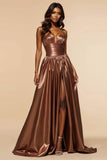 Marrone A-Line senza spalline corsetto senza spalline lungo Abito da Cerimonia con fessura