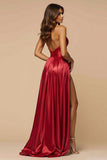 Rosso scuro A-Line Spaghetti Straps plissettato raso lungo Abito da Cerimonia con fessura