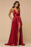 Rosso scuro A-Line Spaghetti Straps plissettato raso lungo Abito da Cerimonia con fessura