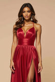 Rosso scuro A-Line Spaghetti Straps plissettato raso lungo Abito da Cerimonia con fessura