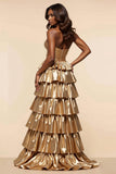 Dorato A-Line senza spalline increspato volant Ball Gown con fessura