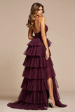 viola A-Line Spaghetti Straps Increspature Tulle Abito lungo da ballo con fessura