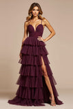 viola A-Line Spaghetti Straps Increspature Tulle Abito lungo da ballo con fessura