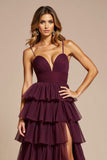 viola A-Line Spaghetti Straps Increspature Tulle Abito lungo da ballo con fessura