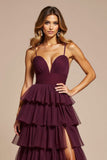 viola A-Line Spaghetti Straps Increspature Tulle Abito lungo da ballo con fessura