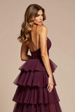 viola A-Line Spaghetti Straps Increspature Tulle Abito lungo da ballo con fessura