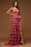 Desert Rose A-Line Spaghetti Straps Increspature Tulle Abito da ballo lungo con fessura