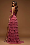 Desert Rose A-Line Spaghetti Straps Increspature Tulle Abito da ballo lungo con fessura