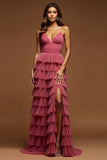 Desert Rose A-Line Spaghetti Straps Increspature Tulle Abito da ballo lungo con fessura