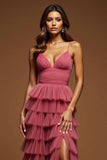 Desert Rose A-Line Spaghetti Straps Increspature Tulle Abito da ballo lungo con fessura
