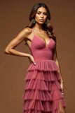 Desert Rose A-Line Spaghetti Straps Increspature Tulle Abito da ballo lungo con fessura
