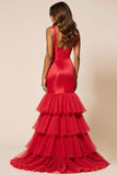 Sirena rossa Spaghetti Straps Ruffles Abito lungo da ballo con fessura