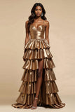 Metallic Gold A-Line Spaghetti Straps Ruffles Abito lungo da ballo con fessura