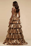Metallic Gold A-Line Spaghetti Straps Ruffles Abito lungo da ballo con fessura