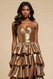 Metallic Gold A-Line Spaghetti Straps Ruffles Abito lungo da ballo con fessura