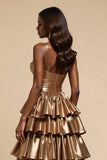 Metallic Gold A-Line Spaghetti Straps Ruffles Abito lungo da ballo con fessura