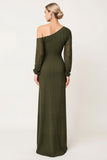 Olive Sheath Abito da damigella d'onore a maniche lunghe con spacco