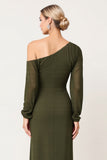 Olive Sheath Abito da damigella d'onore a maniche lunghe con spacco