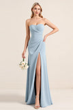 Stretch Satin Dusty Blue senza spalline tubino abito da damigella d'onore con fessura