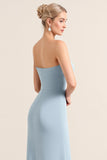 Stretch Satin Dusty Blue senza spalline tubino abito da damigella d'onore con fessura