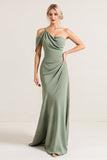 Olive One Spalla Increspato Chiffon Guaina Abito da damigella d'onore