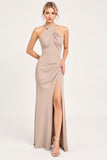 Candy Pink Halter guaina spandex abito da damigella d'onore con fessura