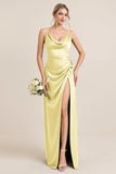 Olive Sheath Satin Maxi Abito da damigella d'onore con spacco