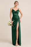 Olive Sheath Satin Maxi Abito da damigella d'onore con spacco