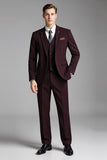 Abiti da uomo slim fit con risvolto a quadri a quadri in 3 pezzi bordeaux