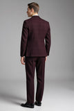 Abiti da uomo slim fit con risvolto a quadri a quadri in 3 pezzi bordeaux