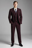 Abiti da uomo slim fit con risvolto a quadri a quadri in 3 pezzi bordeaux