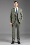 Grigio Verde Rever Dentellato 3 Pezzi Monopetto Slim Fit Abiti Formali Da Uomo