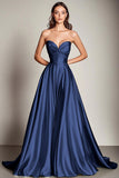 Navy Sweetheart A Line Abito da Cerimonia lungo in raso