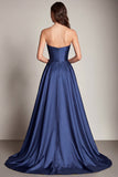 Navy Sweetheart A Line Abito da Cerimonia lungo in raso