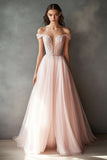 Rosa Off The Shoulder Abito da Cerimonia lungo in tulle con pizzo