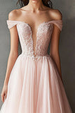 Rosa Off The Shoulder Abito da Cerimonia lungo in tulle con pizzo