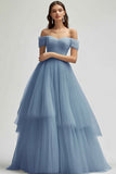 Off The Shoulder Grigio Blu A Line Tulle Abito Lungo da Cerimonia