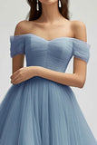 Off The Shoulder Grigio Blu A Line Tulle Abito Lungo da Cerimonia