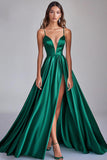 Verde scuro A-Line Spaghetti Straps Abito lungo da Cerimonia in raso con fessura