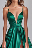 Verde scuro A-Line Spaghetti Straps Abito lungo da Cerimonia in raso con fessura