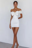 Off the Shoulder Bodycon bianco abito di laurea con fiocco