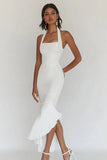 Bianco Halter Mermaid Pleted Party Dress